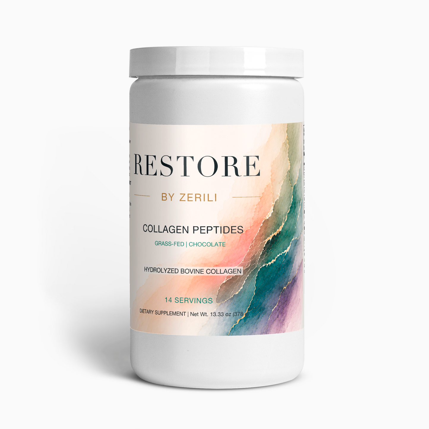 Front view of Restore by Zerili Collagen Peptides (Chocolate) tub with the peach, teal and purple label.