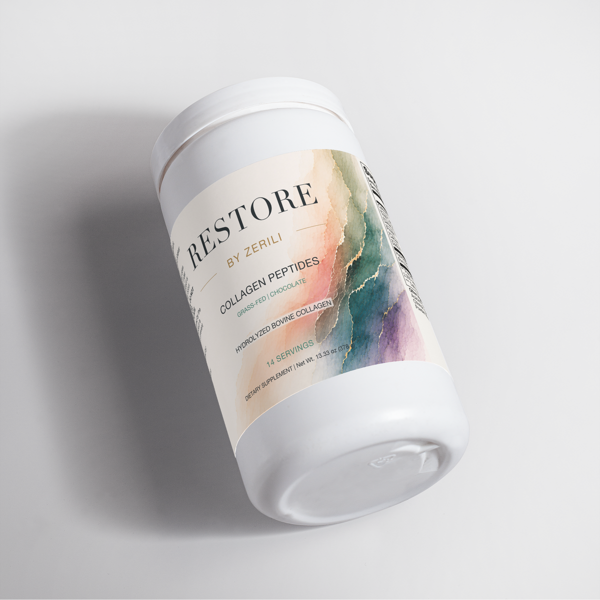 Restore by Zerili Collagen Peptides (Chocolate) tub shown at an angle on a light background.