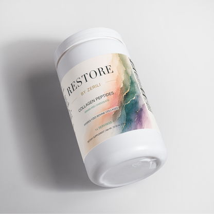 Restore by Zerili Collagen Peptides (Chocolate) tub shown at an angle on a light background.