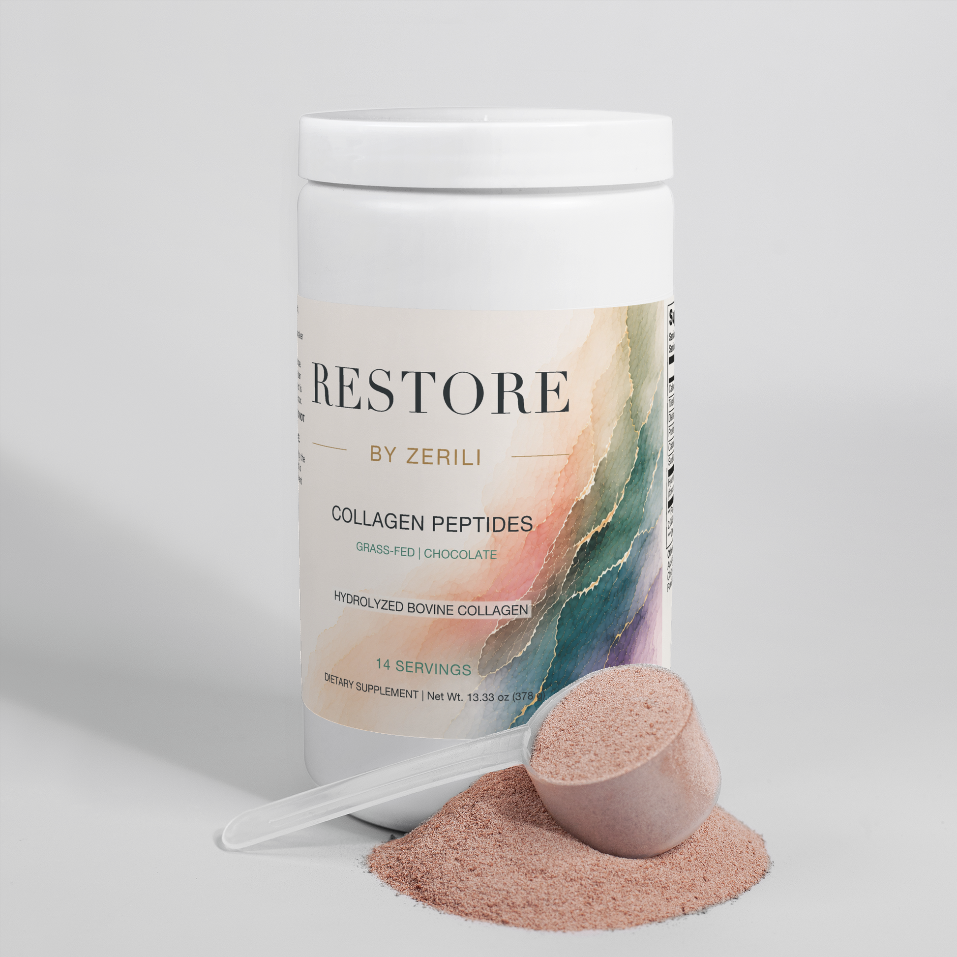 Restore by Zerili Collagen Peptides (Chocolate) tub with a scoop and light brown collagen powder.