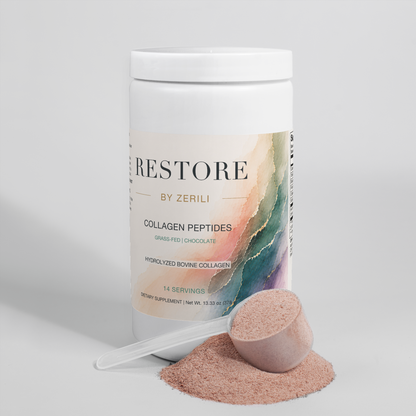 Restore by Zerili Collagen Peptides (Chocolate) tub with a scoop and light brown collagen powder.