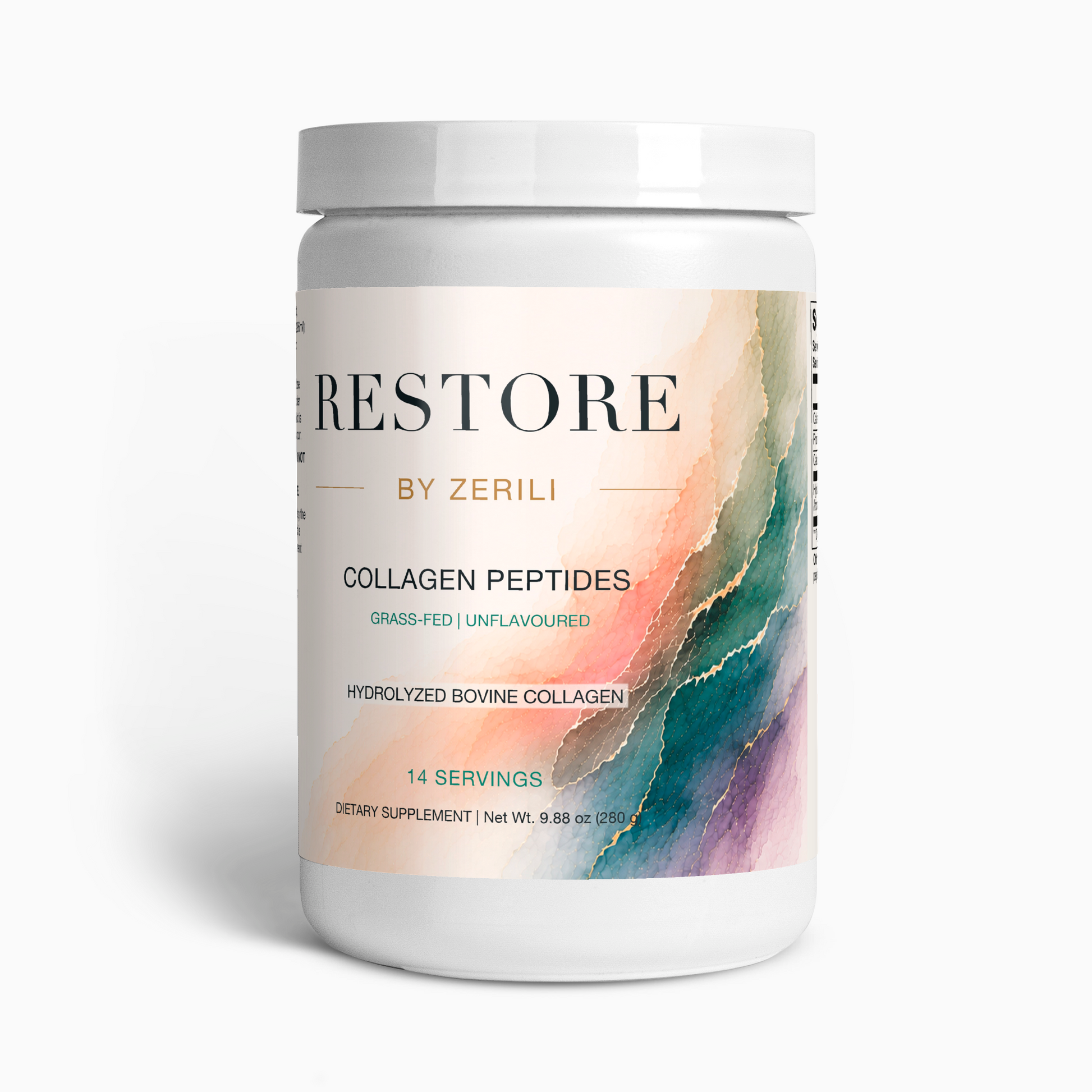Restore by Zerili Collagen Peptides (Unflavoured), white supplement tub with peach, teal and purple label artwork.