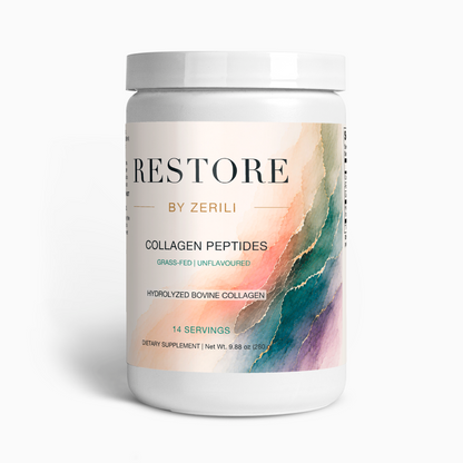 Restore by Zerili Collagen Peptides (Unflavoured), white supplement tub with peach, teal and purple label artwork.
