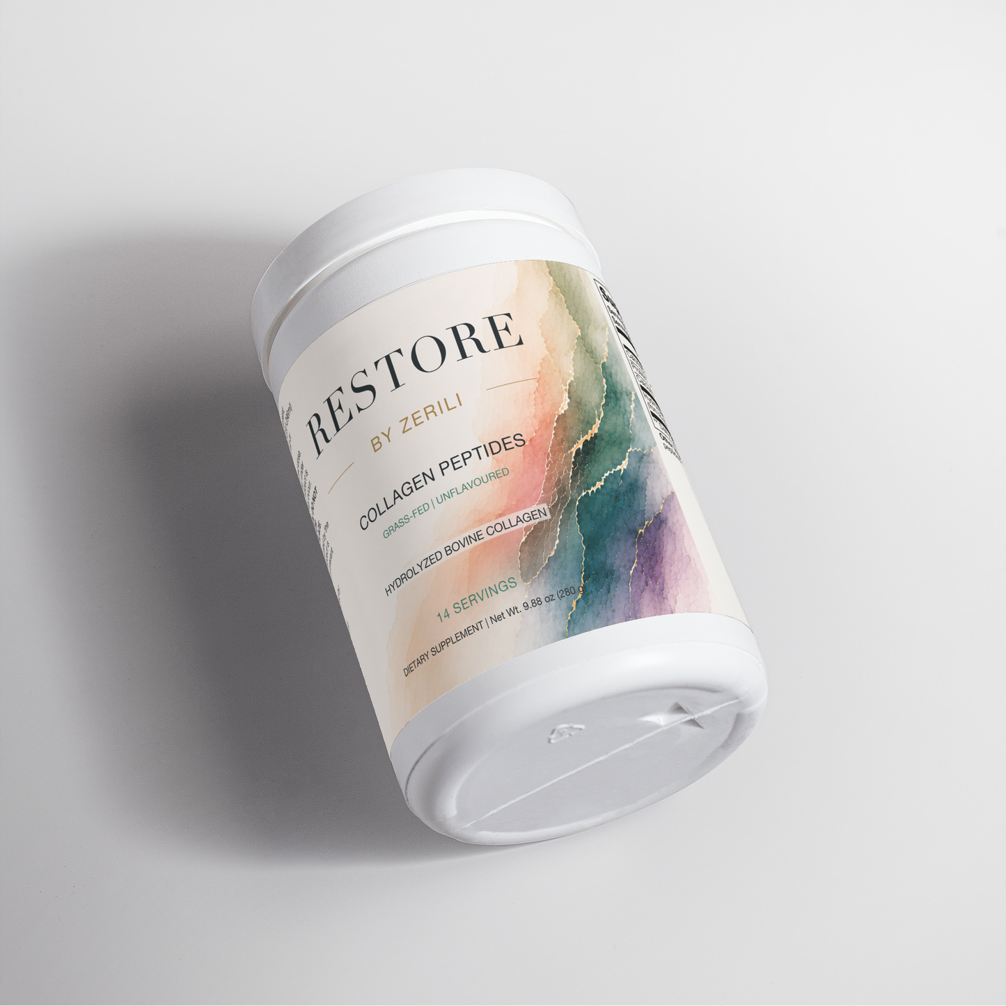 Restore by Zerili Collagen Peptides (Unflavoured) tub shown at an angle on a light background.