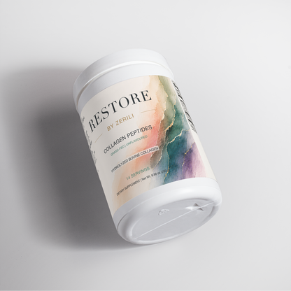 Restore by Zerili Collagen Peptides (Unflavoured) tub shown at an angle on a light background.