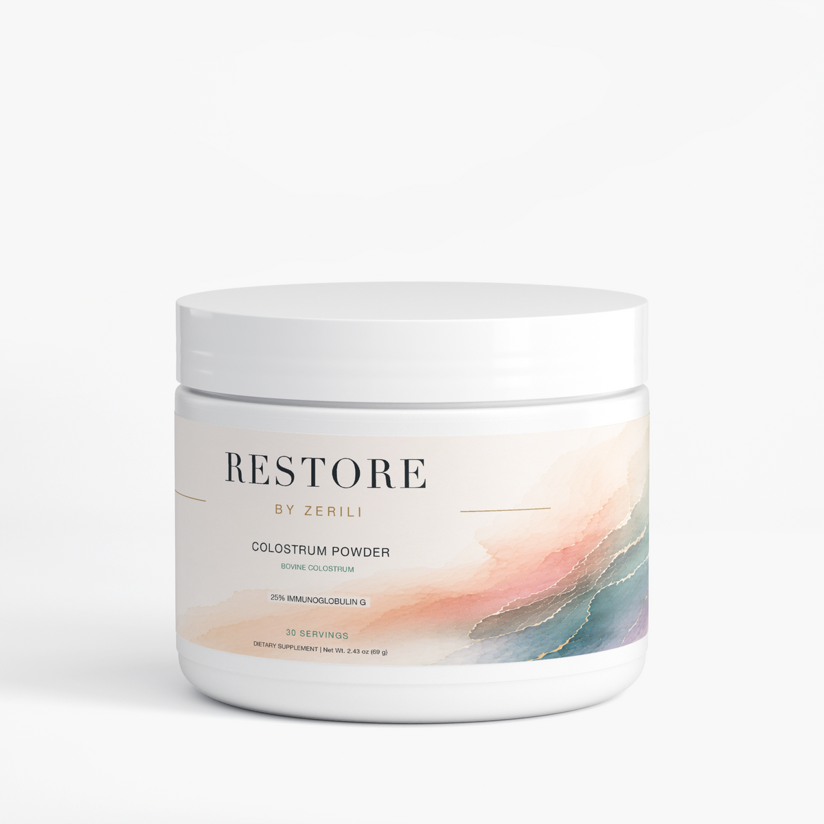 Front view of Restore by Zerili Colostrum Powder tub with the peach, teal and purple label.