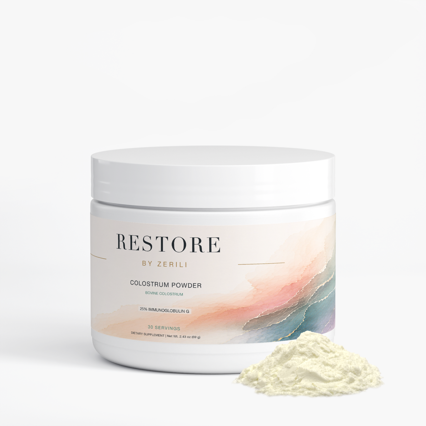 Restore by Zerili Colostrum Powder tub with pale yellow powder displayed in front.