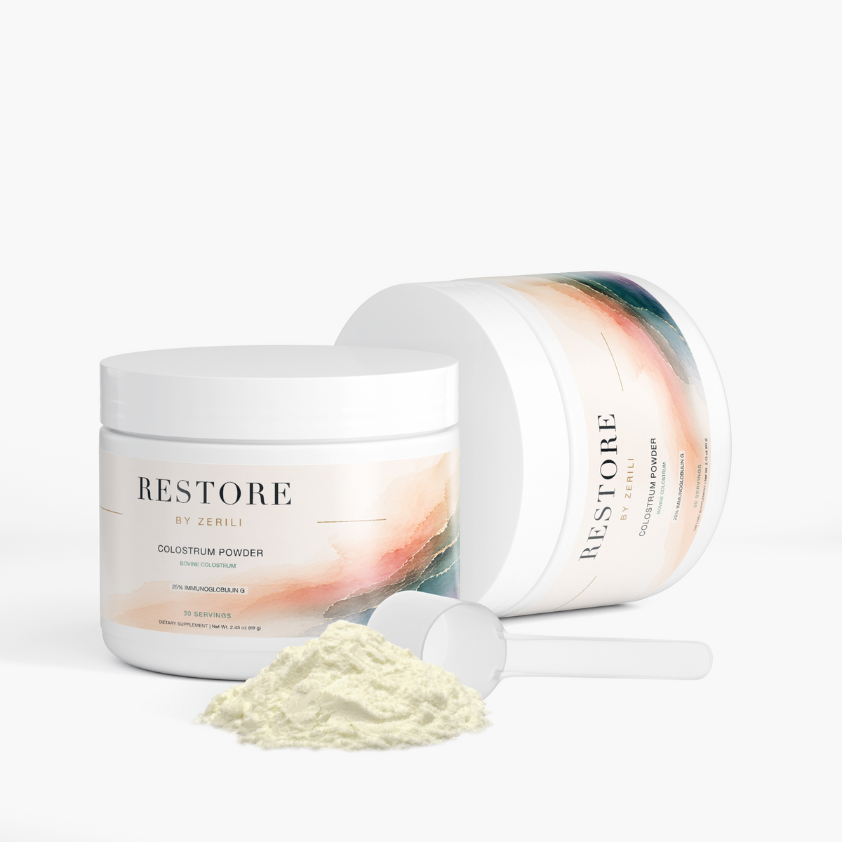 Restore by Zerili Colostrum Powder tub with a scoop and pale yellow powder on a white background.