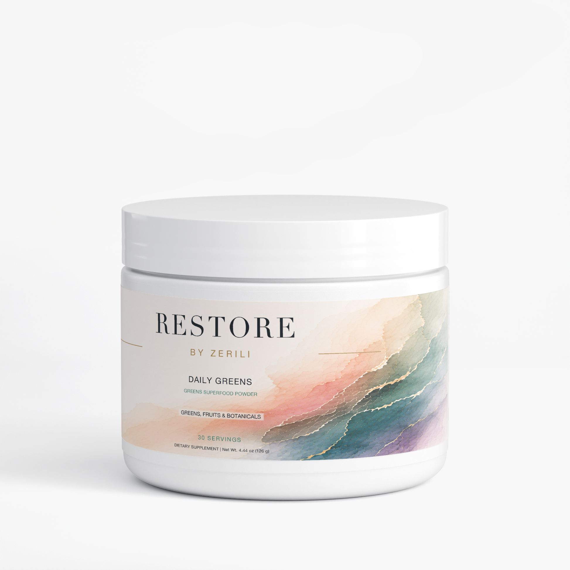 Front view of Restore by Zerili Daily Greens superfood powder in a white tub with the peach, teal and purple label.