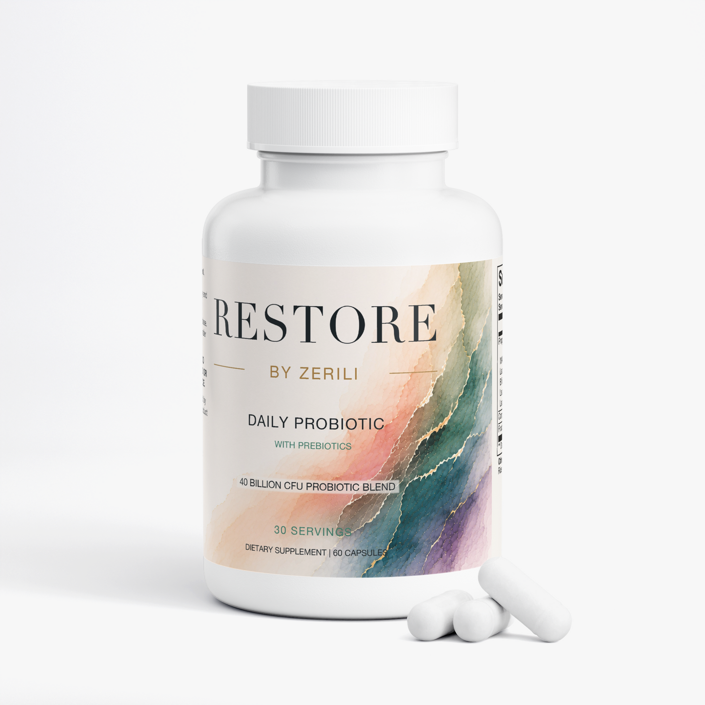 Restore by Zerili Daily Probiotic bottle with white capsules displayed beside it.