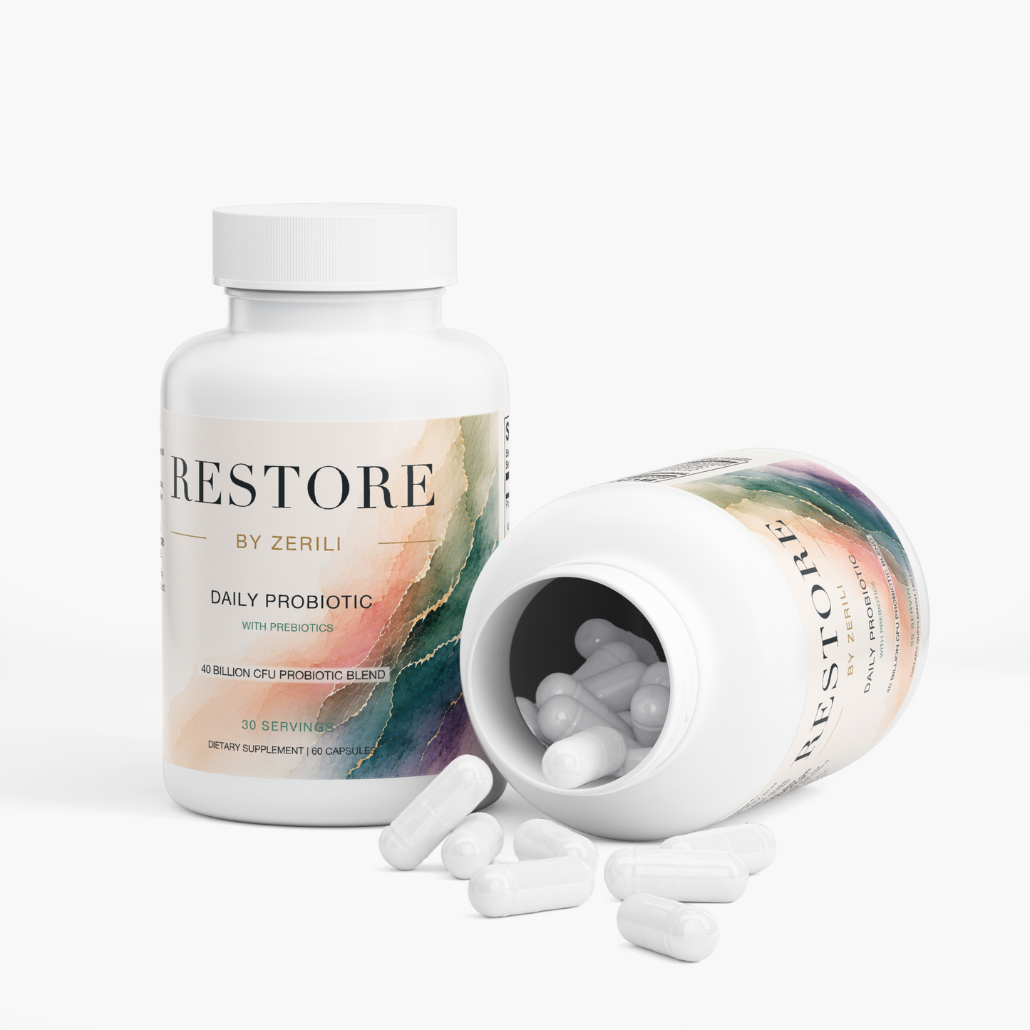 Two Restore by Zerili Daily Probiotic bottles, one open with capsules spilling out.