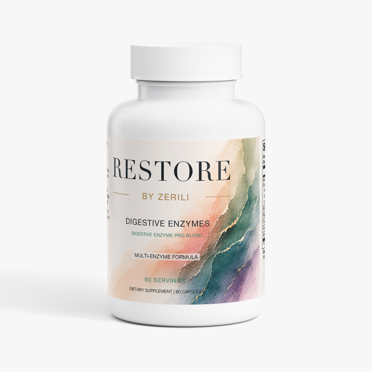 Front view of Restore by Zerili Digestive Enzymes, 60-capsule bottle with the branded peach, teal and purple label.
