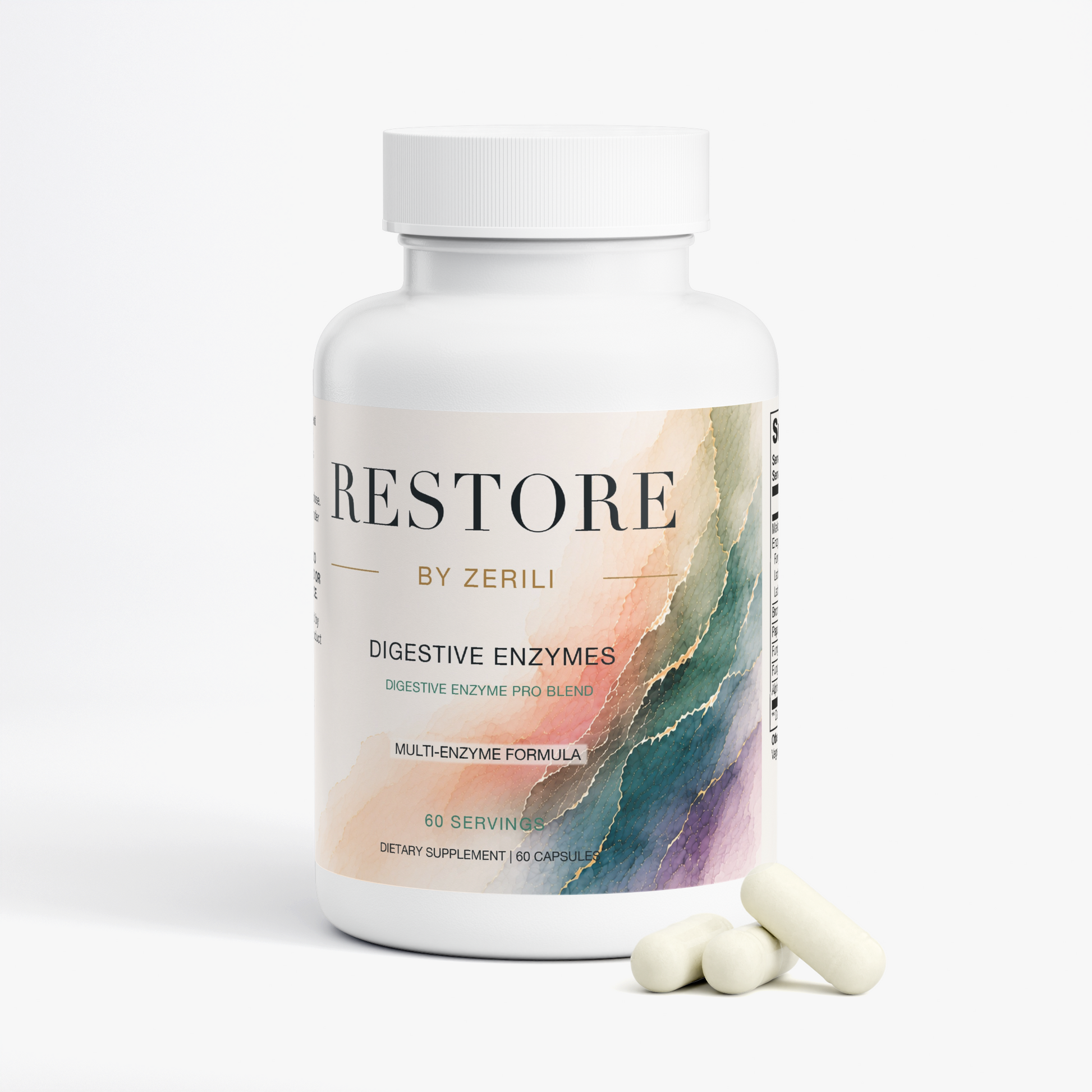 Restore by Zerili Digestive Enzymes bottle with three pale capsules displayed in front.
