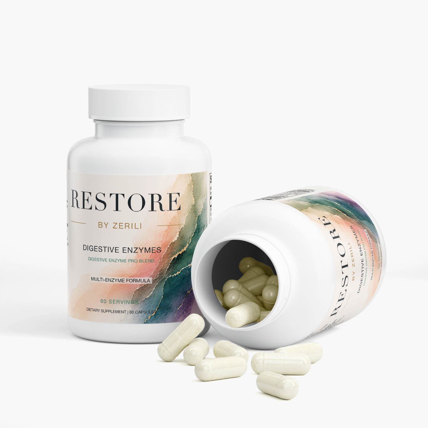 Two Restore by Zerili Digestive Enzymes bottles, one open on its side with capsules scattered in front.