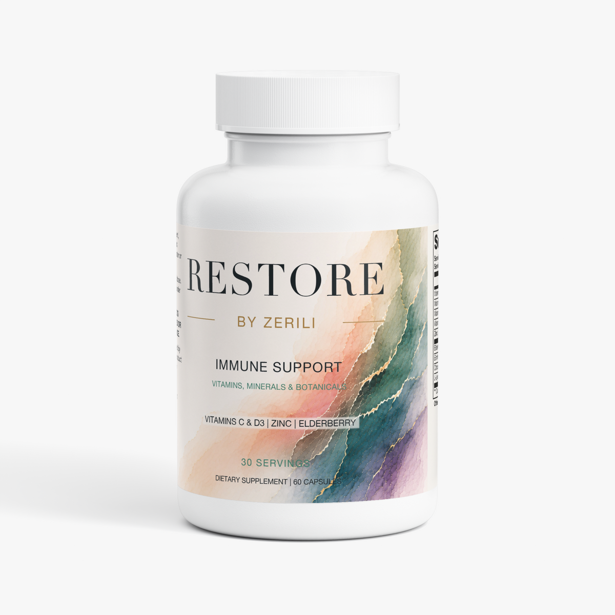 Front view of Restore by Zerili Immune Support, 60-capsule bottle with peach, teal and purple label artwork.