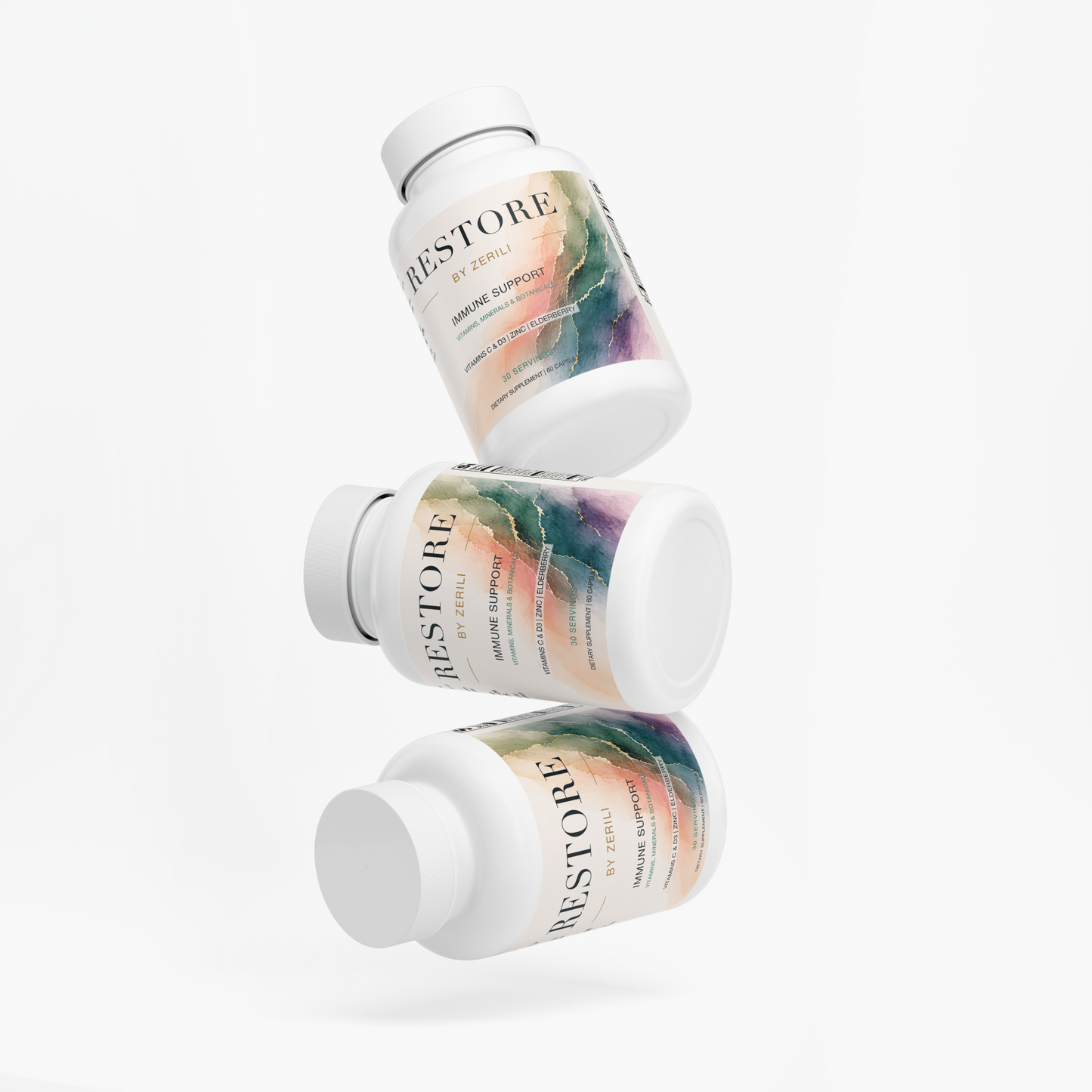 Three Restore by Zerili Immune Support bottles arranged at different angles in a vertical stack on a white background.