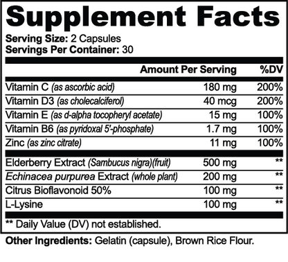Supplement Facts for Restore by Zerili Immune Support, including vitamins C, D3, E and B6, zinc and botanical ingredients.