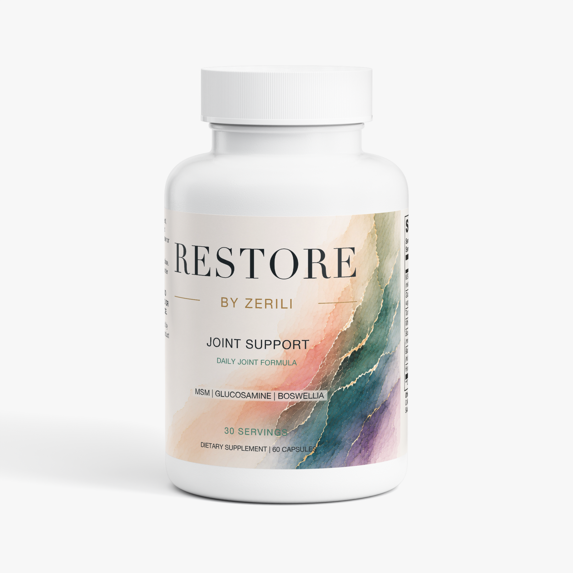 Front view of Restore by Zerili Joint Support, 60-capsule bottle with the approved peach, teal and purple label.