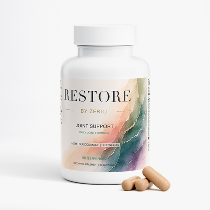 Restore by Zerili Joint Support bottle with three beige capsules displayed in front.
