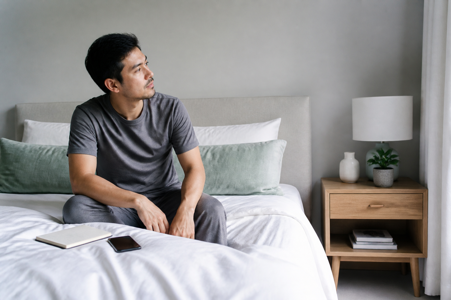 A calm adult sitting on the edge of the bed during a quiet evening wind-down