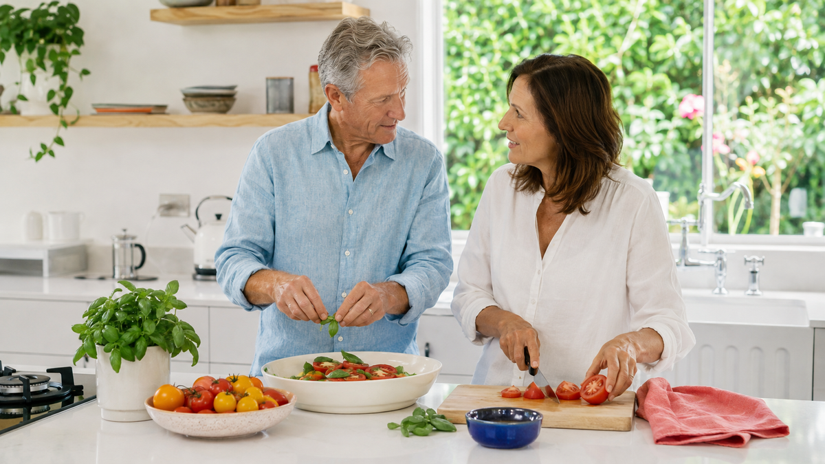 A man and woman preparing tomatoes and basil together in a bright white kitchen overlooking a leafy garden.